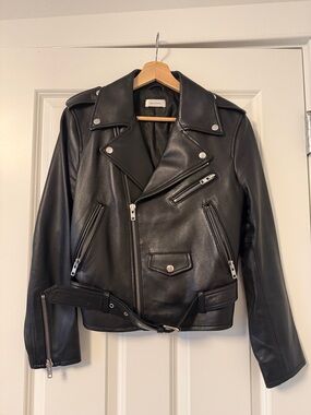 Black Genuine Leather Moto Jacket with Silver Hardware